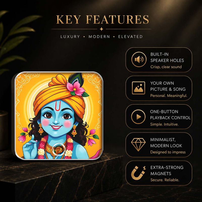 Lord Krishna Musical Fridge Magnet Spiritual Song Playing Frame Gift for Pooja Room, Office & Home Decor | Devotional Audio Player for Home, Temple & Meditation Peace & Positivity